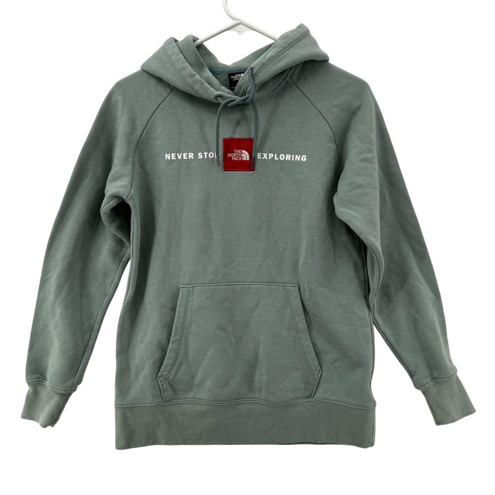 The North Face Hoodie Womens Small Green Red Box Never Stop Exploring Pullover